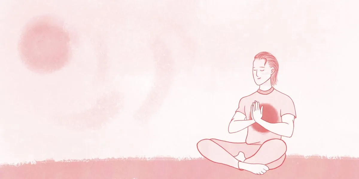Illustration of a man sitting cross-legged in a meditative position, focusing on his breath