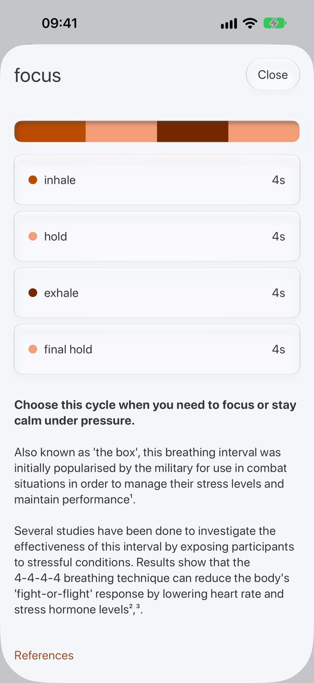 The focus cycle explained: inhale, hold, exhale and final hold, with the research behind it and references