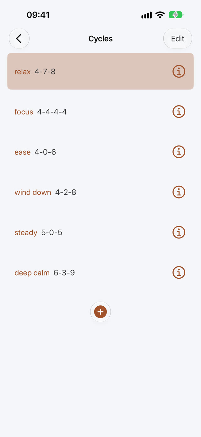 A list of breathing cycles: relax, focus, ease, wind down, steady and deep calm