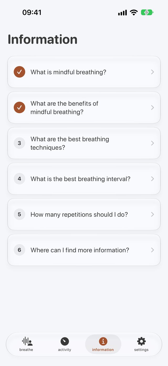 The information screen with six short lessons, from what mindful breathing is to where to find more information