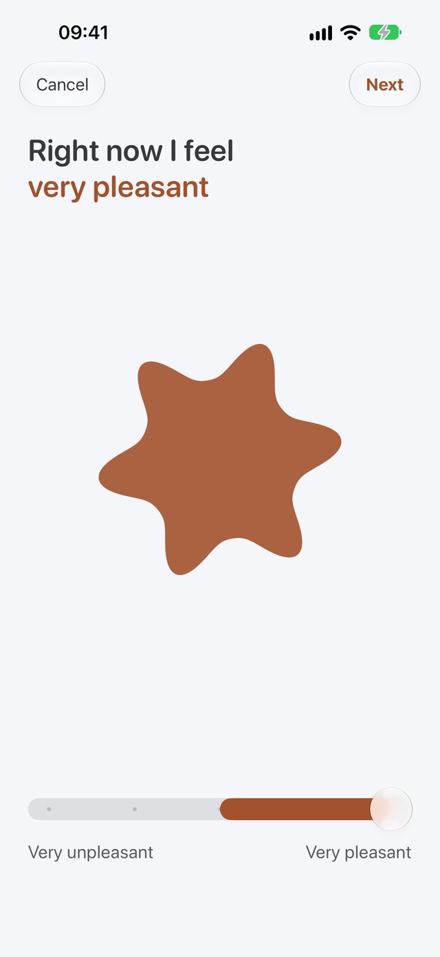 A mood check-in asking how you feel right now, on a slider from very unpleasant to very pleasant